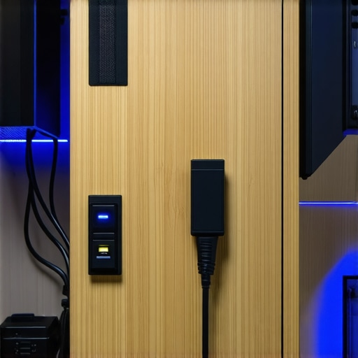 Close-up of organized power cables and bricks under a creator desk using velcro straps.