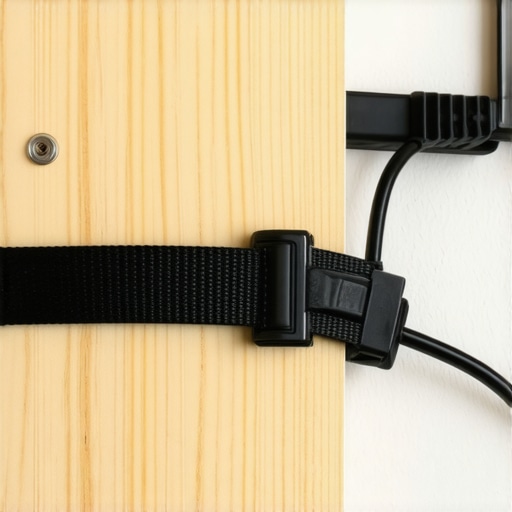 Close-up of a plywood wall mount with organized cables and structural screws.