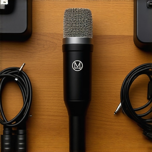 Close up of organized cables and a protected studio microphone.