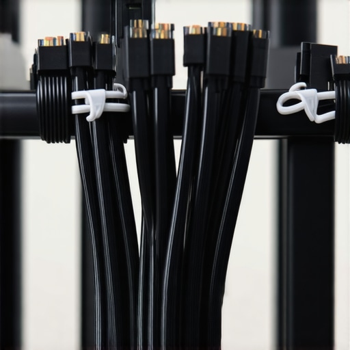A bundle of studio cables neatly organized with zip ties to prevent floor clutter.