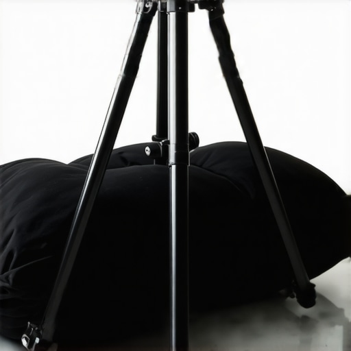 A camera tripod secured with a sandbag to prevent tipping