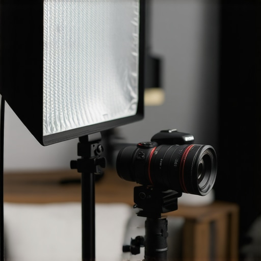 Close-up of a professional camera and lighting setup for high-end content creation.