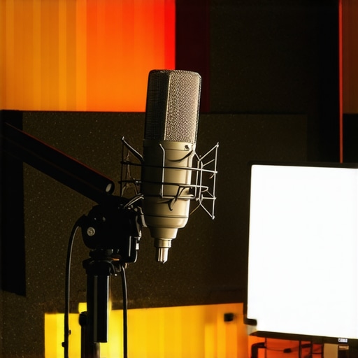 A professional condenser microphone set up in a room with acoustic treatment to improve audio quality.