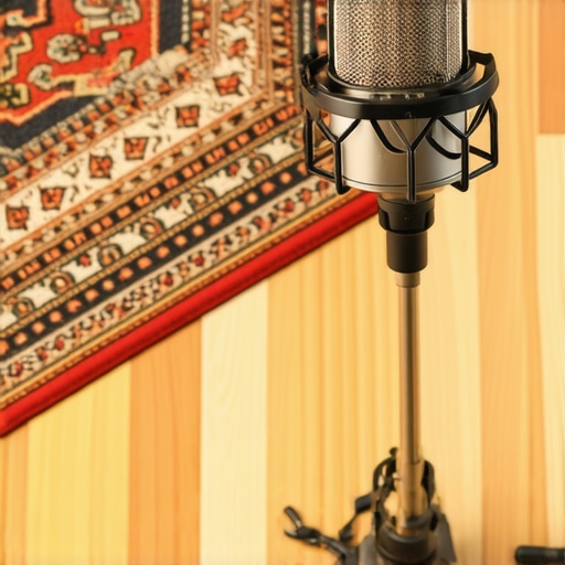 A professional microphone setup in a room with an area rug to improve acoustic quality.