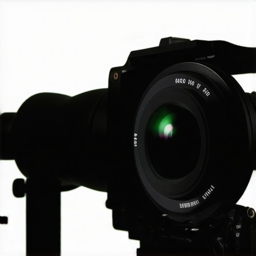Close-up of a camera lens behind teleprompter glass with reflected script text