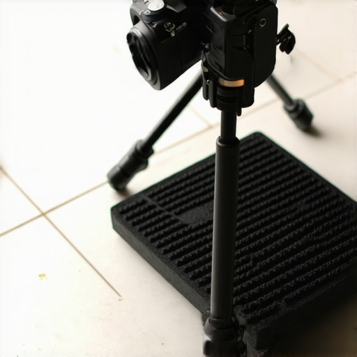 Close up of tripod feet with isolation pads on a studio floor.