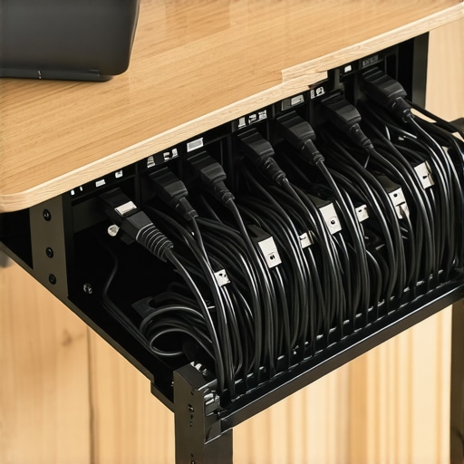 Under-desk wire mesh cable management tray with organized cables and power bricks.