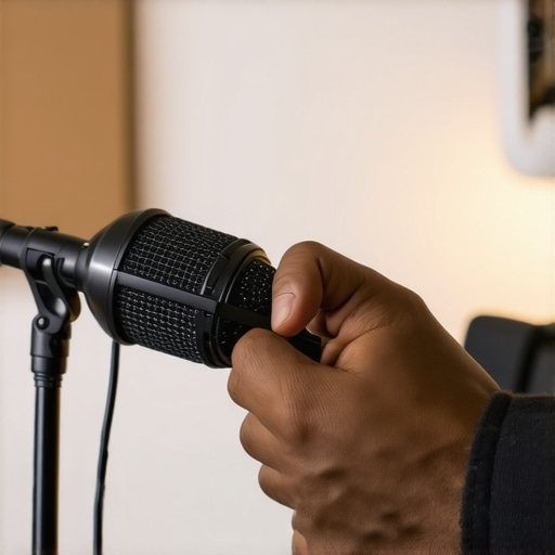 A creator adjusting a dynamic microphone in a treated home studio.