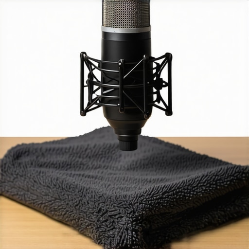 A microphone sitting on a folded towel on a desk for soundproofing