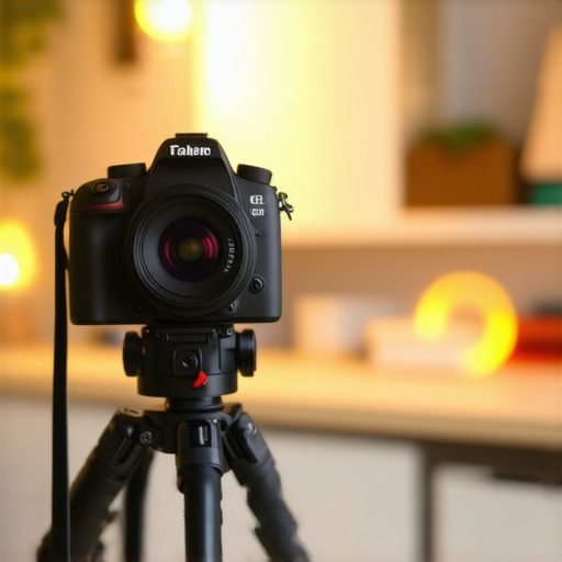 A camera setup showing shallow depth of field with a sharp subject and blurred background