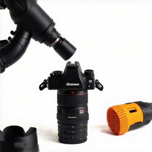 Close up of cleaning a camera lens and sensor with maintenance tools.