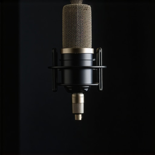 A professional dynamic microphone setup on a boom arm with soft studio lighting.