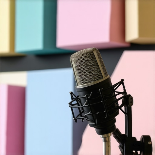 Close-up of a professional dynamic microphone on a boom arm.
