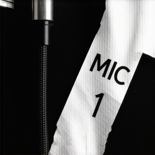 Close-up of a black XLR cable with a white gaffer tape flag label marked MIC 1