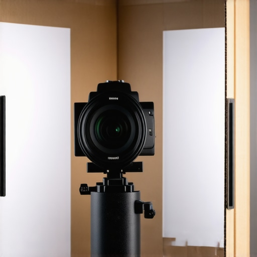 Close-up of a camera lens and a DIY cardboard macro studio with soft lighting
