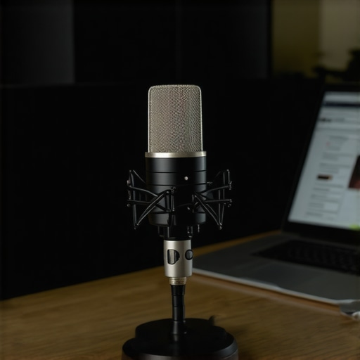 Studio microphone with acoustic treatment in background