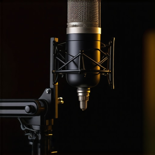 A professional microphone on a boom arm in a treated home studio environment.