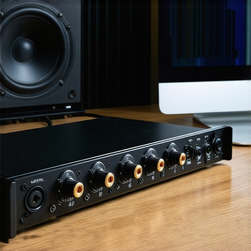 A close-up of a professional audio interface and studio equipment showing proper cable management.
