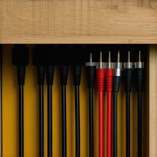 Close-up of power and audio cables separated under a desk to prevent interference.