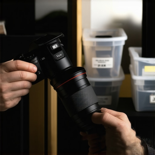 Close up of creator cleaning camera lens with studio organization in background