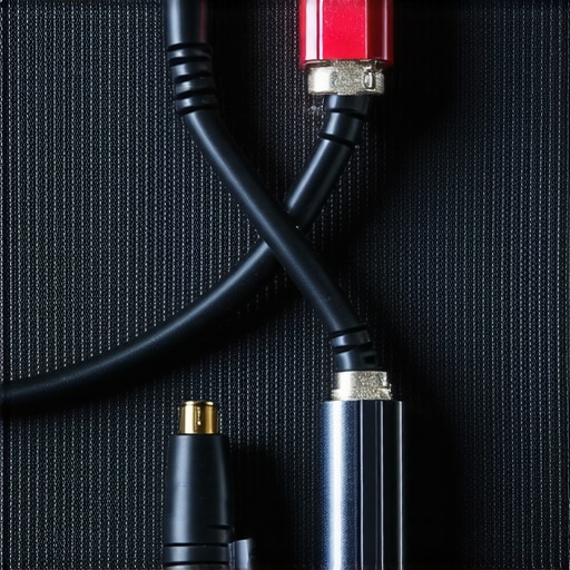 Close-up of audio and power cables crossing at 90 degrees to avoid signal interference.