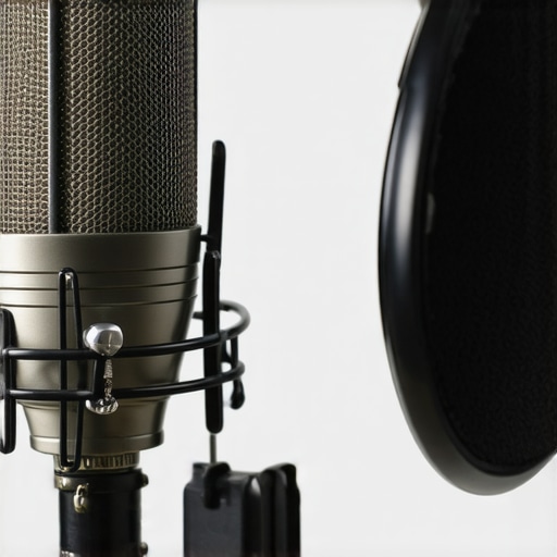 A studio microphone showing the ideal 3-inch gap between the DIY fabric filter and the microphone capsule for clear audio.