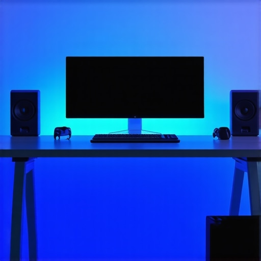 LED strip light creating a soft blue glow behind a studio desk for video depth.