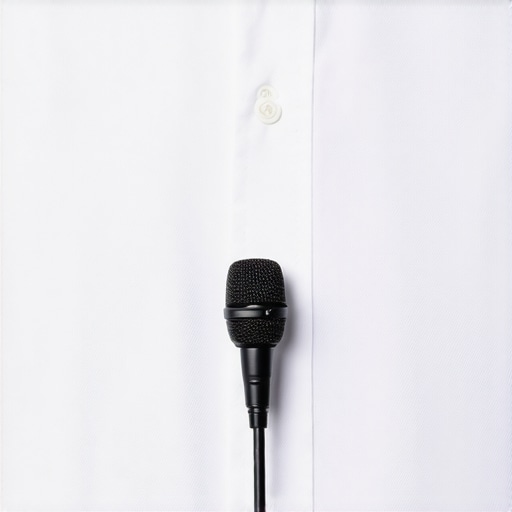 Close up of a lapel microphone clipped to the sternum for clear audio.