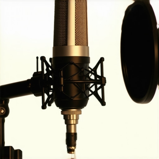 Microphone angled 45 degrees to the mouth to prevent plosives and muffled sound.