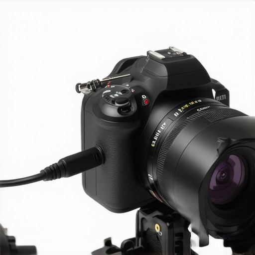 A detailed view of an HDMI cable secured to a camera cage using a zip tie with a protective strain relief loop.
