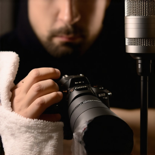 A creator cleaning a camera lens and microphone to maintain gear longevity.