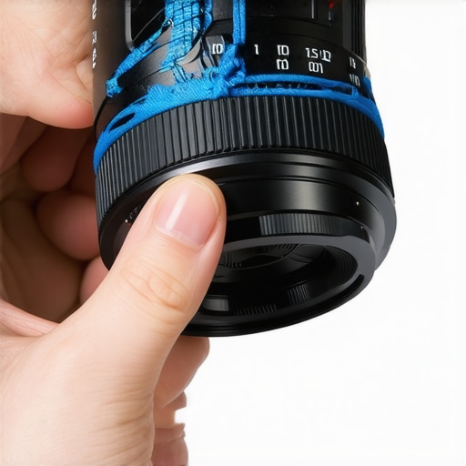 Close-up of a rubber band wrapped around a camera lens focus ring for better manual control.