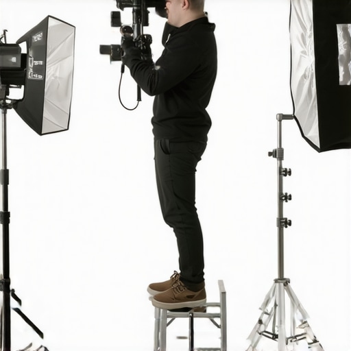 Content creator using a step ladder for high angle studio shots.