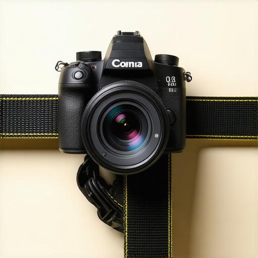 Close-up of a camera strap buckle reinforced with gaffer tape for safety.