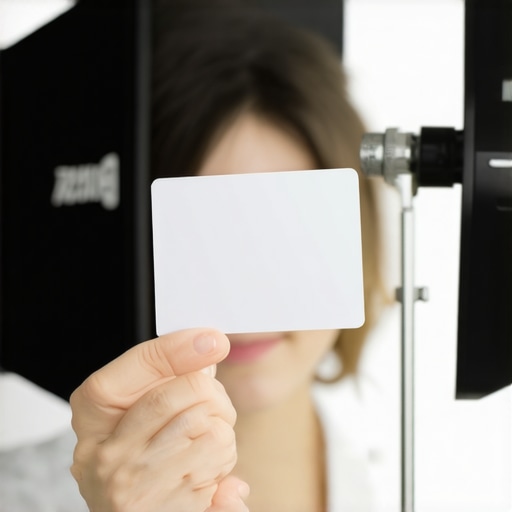 A content creator calibrating their camera using a gray white balance card in a studio.
