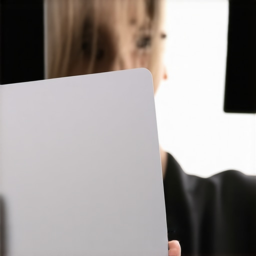 A close-up of a creator holding a gray card in front of a camera lens to calibrate custom white balance under studio lights