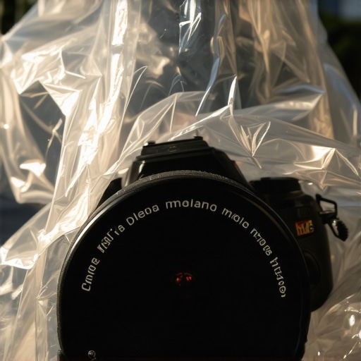 Close-up of a camera lens protected by a shower cap for maintenance.