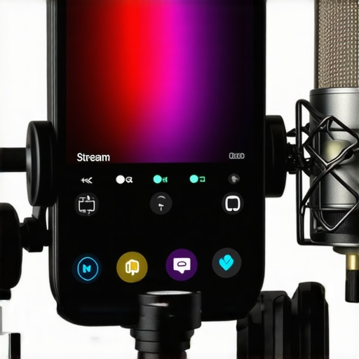 Smartphone used as a stream controller next to a professional microphone setup