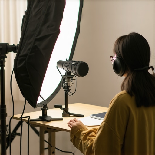 A professional creator using a softbox and diffused lighting to improve video quality.