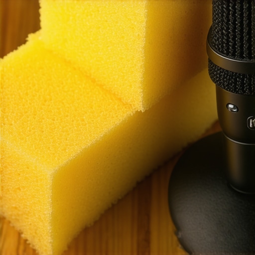 A desktop microphone stand isolated from a wooden desk using two stacked kitchen sponges to prevent vibrations.