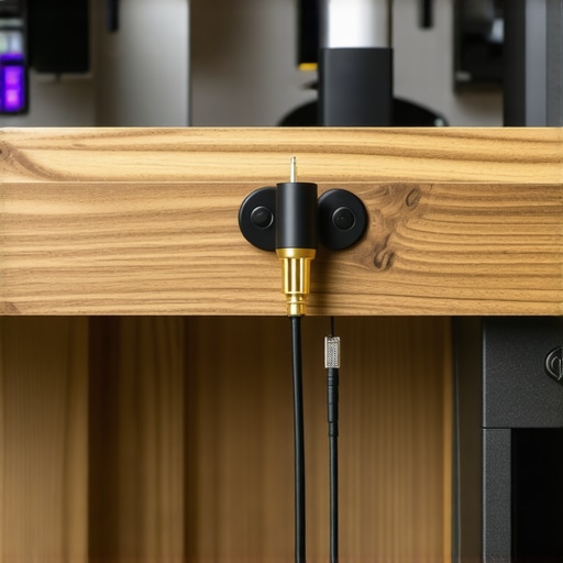 A Command Hook used as a strain relief anchor for microphone and headphone cables under a creator desk.
