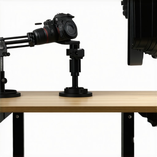 Close up of a camera mount clamped over a desk leg for structural support