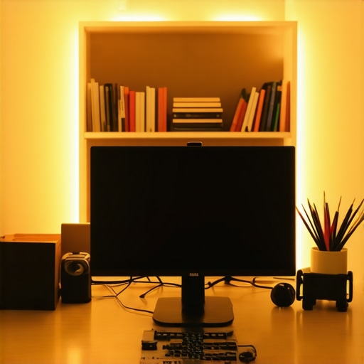 A mirror angled behind a creator setup to create visual depth in a small room.