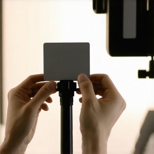 A creator holding a gray calibration card in front of a camera to set custom white balance under studio lighting