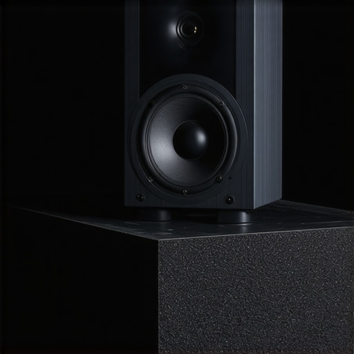 Studio Monitor on High-Density Foam Pad A studio monitor speaker isolated from a wooden desk using a high-density acoustic foam wedge to prevent vibration.