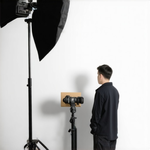 A detailed layout of a portrait photography studio setup showing key light placement, subject distance, and camera angle against a white wall.