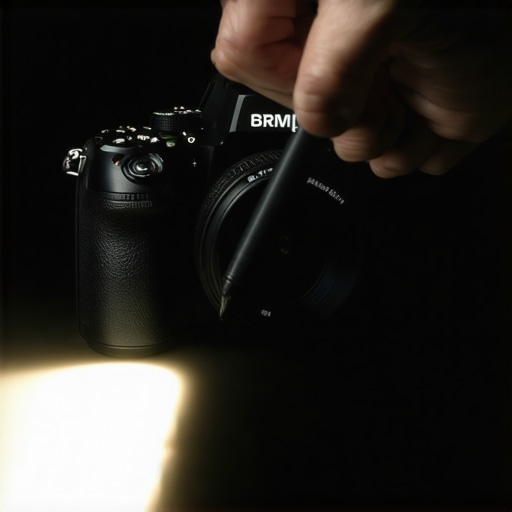 A demonstration of using a pen light at a 45-degree angle to reveal dust on a camera sensor.