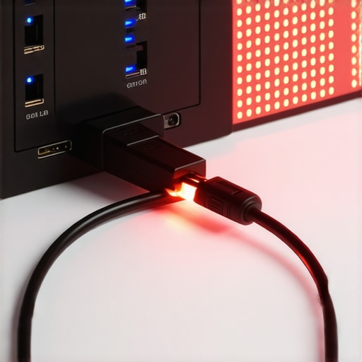 Close up of an audio cable in a cluttered USB hub illustrating electronic interference.