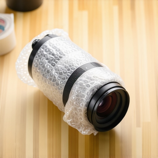 A camera lens being carefully wrapped in protective bubble wrap layers for safe shipping.