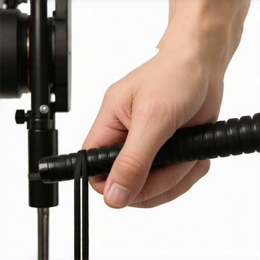 Close-up of a rubber band being used to pull a tripod handle for smooth camera movement.